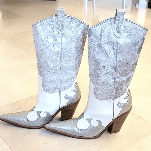PARA RAIO Genuine Leather Western Silver & White Cowgirl Boots, Sz 9 - Picture 5 of 16